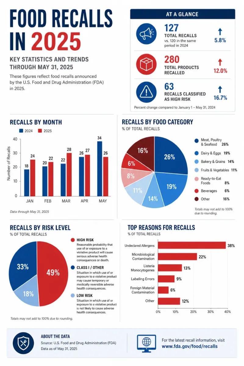 Infographic of 2025 US food recall statistics, with charts of recalls by month, by food category and by risk level