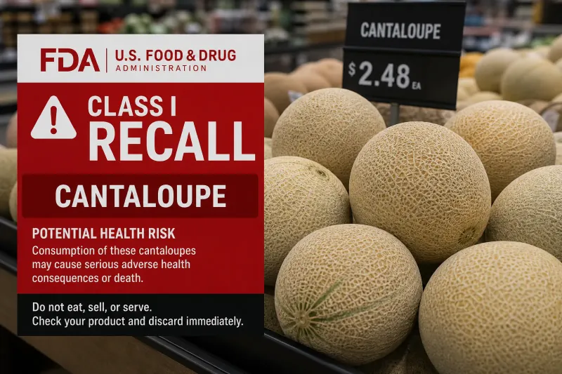 Whole cantaloupes on a store display beside a Class I recall notice