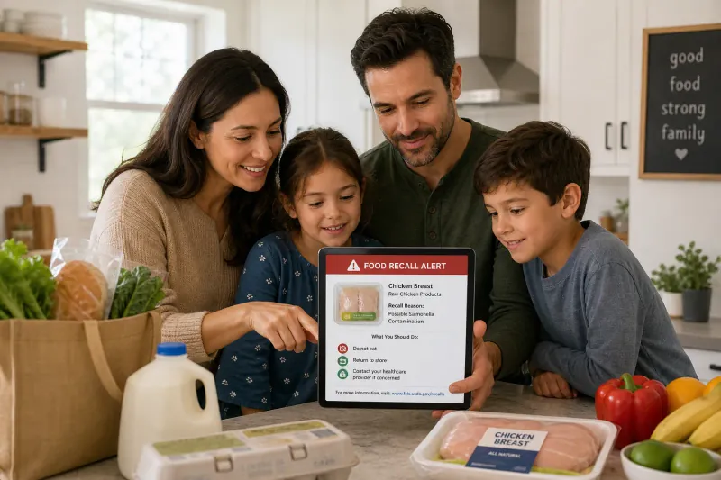 A family in their kitchen reading a food recall alert on a tablet