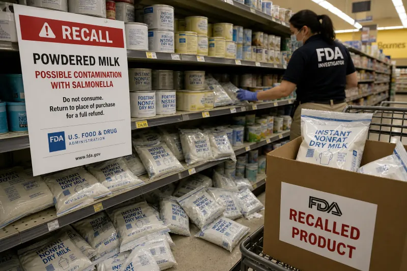 Store shelves of powdered milk with a recall notice warning of possible Salmonella
