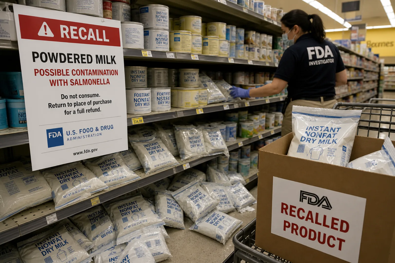 Store shelves of powdered milk with a recall notice warning of possible Salmonella