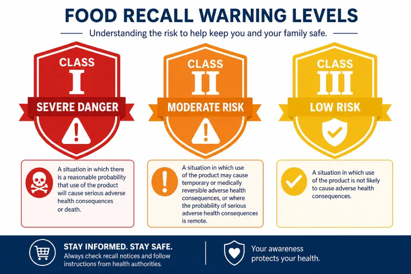 The three food recall warning levels: Class I severe danger, Class II moderate risk, Class III low risk