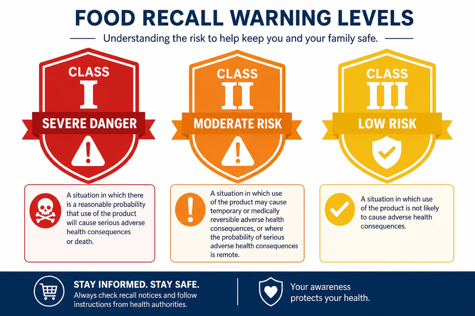 The three food recall warning levels: Class I severe danger, Class II moderate risk, Class III low risk