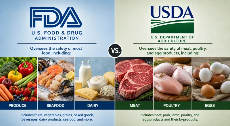 Side-by-side graphic of the foods the FDA oversees and the foods the USDA oversees