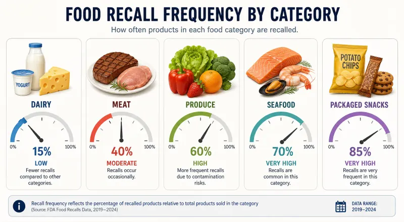 Gauges comparing how often dairy, meat, produce, seafood and packaged snacks are recalled