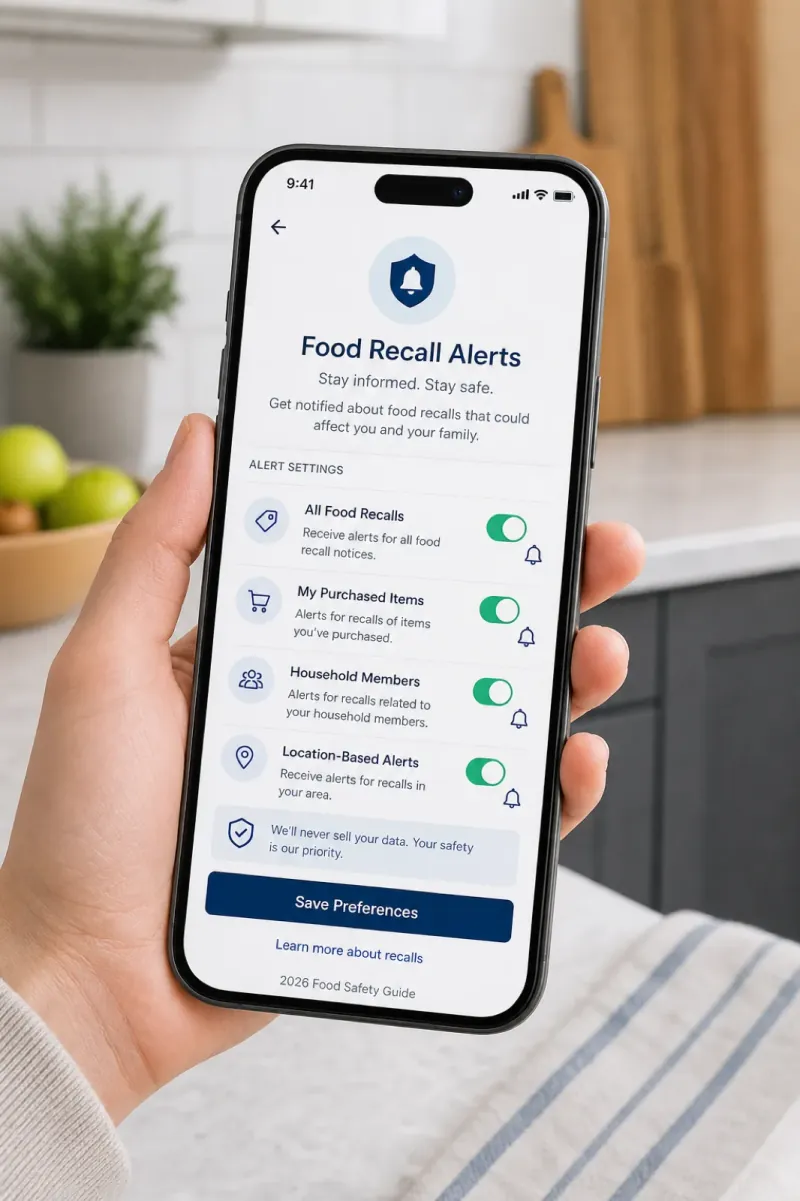 A hand holding a phone that shows food recall alert settings