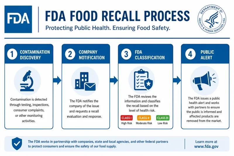 Four-step diagram of the FDA food recall process: contamination discovery, company notification, FDA classification and public alert