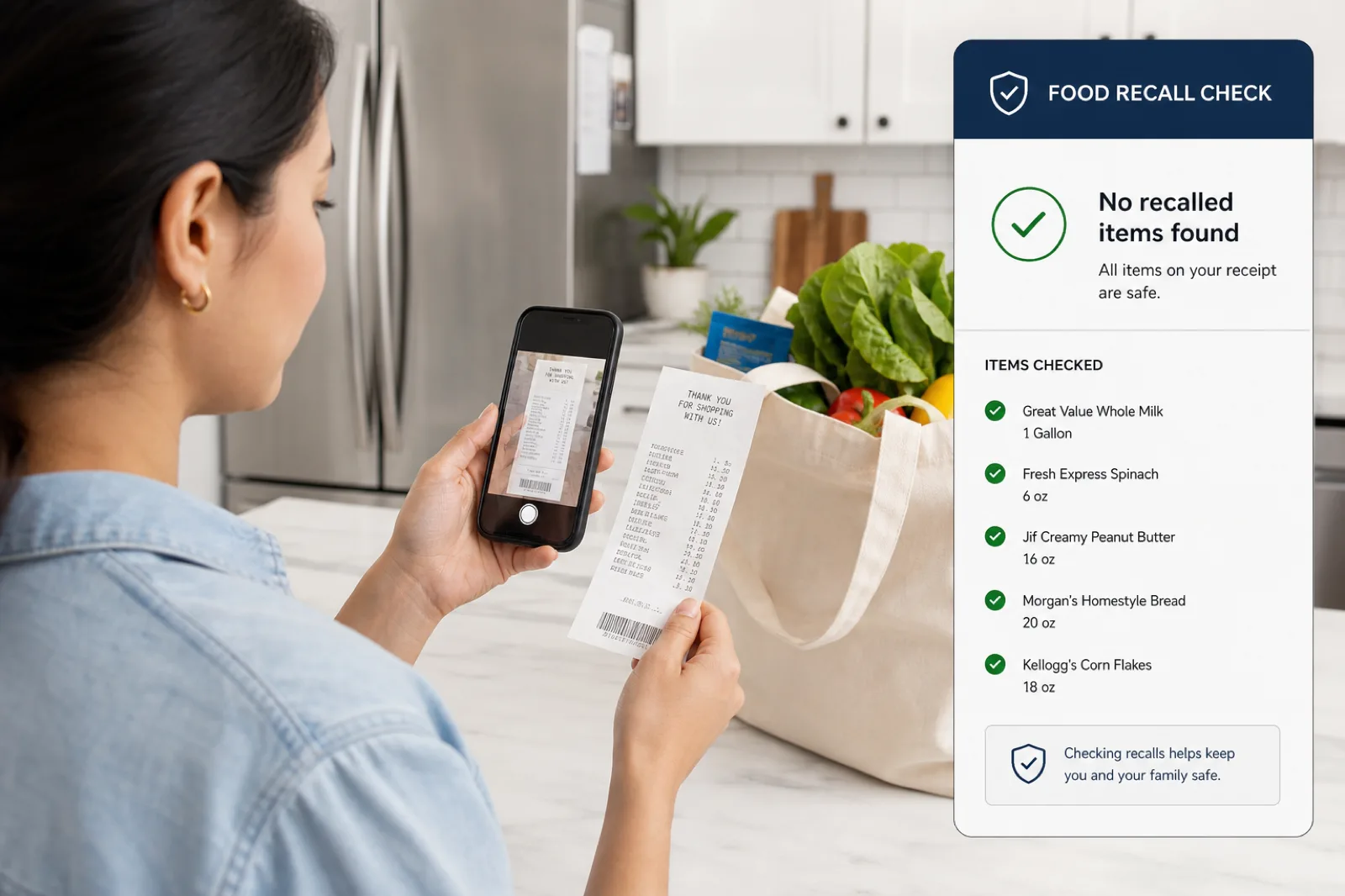 A shopper scanning a grocery receipt with a phone that reports no recalled items