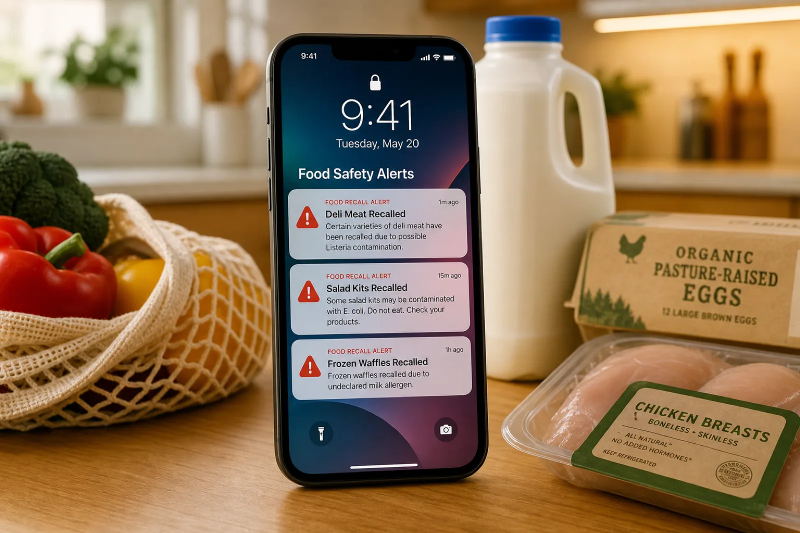A phone lock screen showing food safety alerts, next to groceries on a kitchen counter