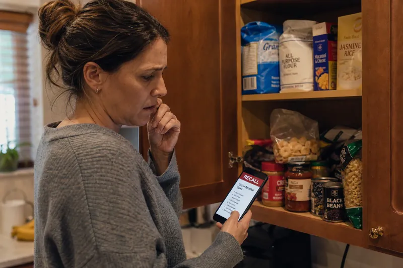 A woman checking a recall alert on her phone in front of an open pantry