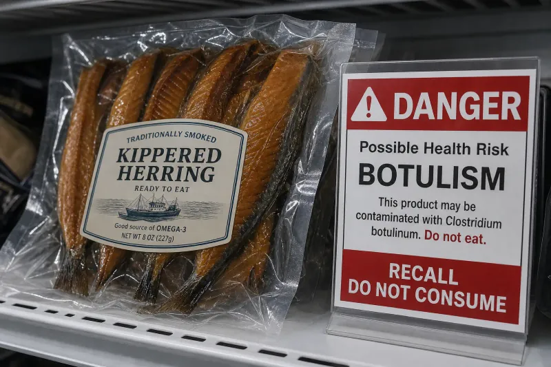 A package of smoked kippered herring beside a botulism recall warning sign