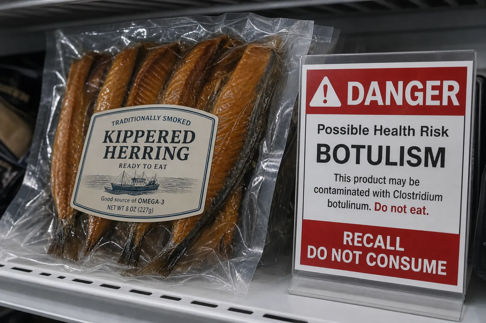 A package of smoked kippered herring beside a botulism recall warning sign