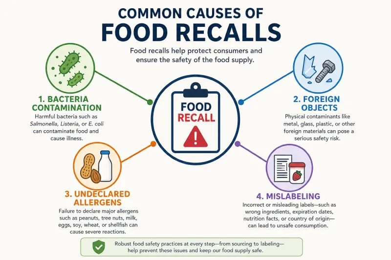 Diagram of four common causes of food recalls: bacteria, foreign objects, undeclared allergens and mislabeling