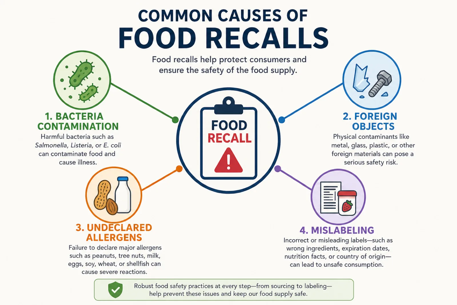 Diagram of four common causes of food recalls: bacteria, foreign objects, undeclared allergens and mislabeling