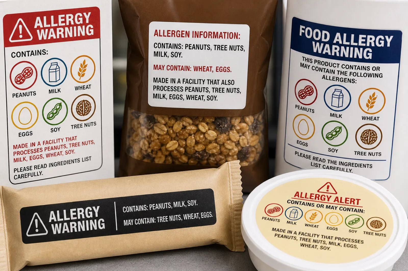 Food packages with allergy warning labels listing peanuts, tree nuts, milk and soy