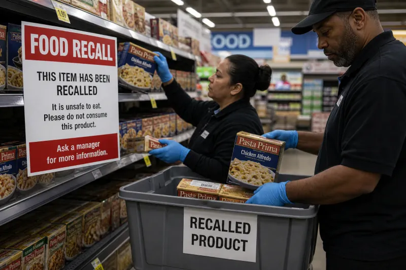 Store workers pulling recalled products off the shelves into a bin