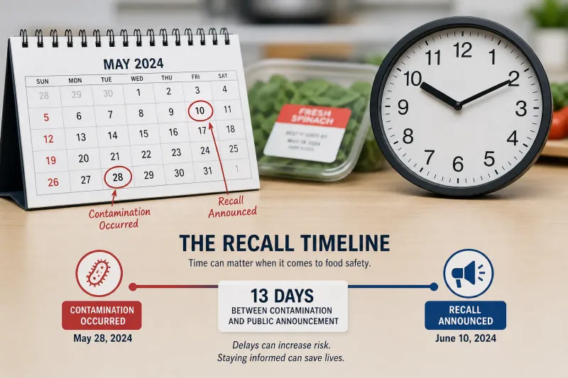A calendar and clock illustrating the days between contamination and a recall announcement