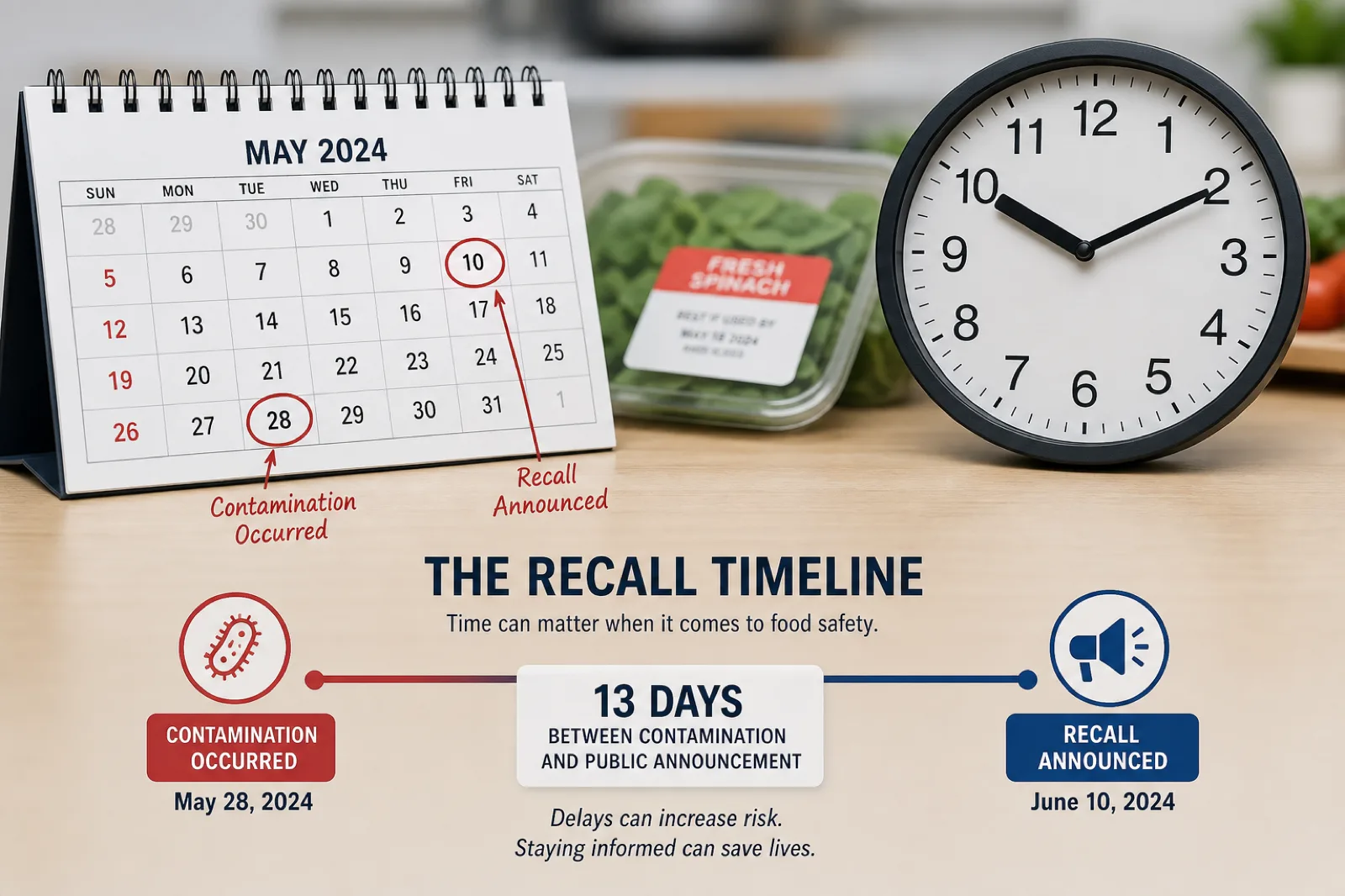 A calendar and clock illustrating the days between contamination and a recall announcement