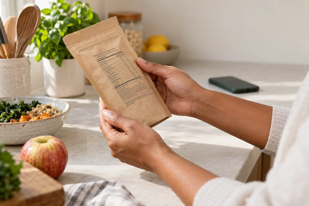 Hands holding the back of a food package to read its label