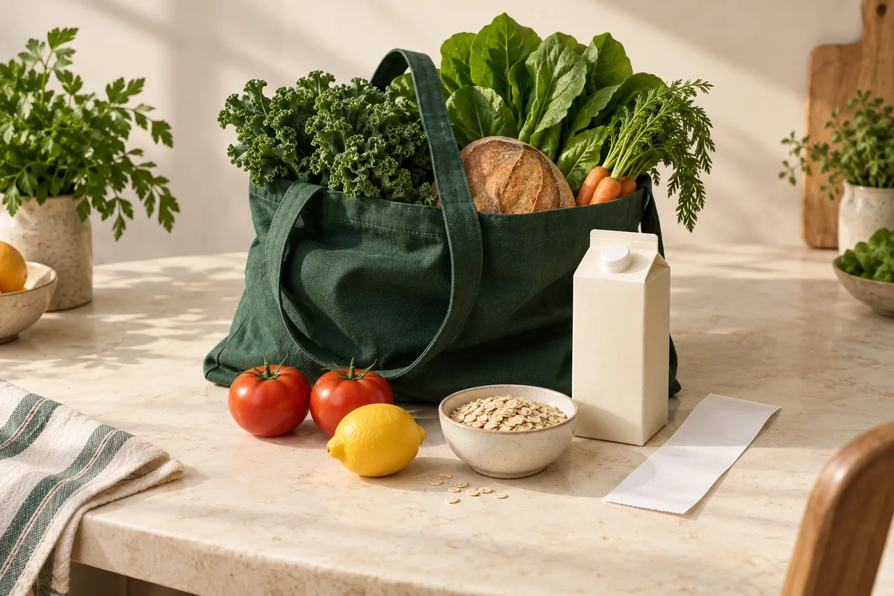 A forest-green grocery bag with vegetables, oats and a paper receipt on a sunlit kitchen table